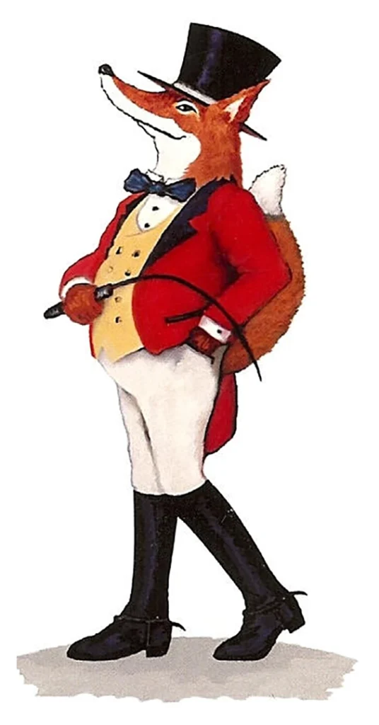 Illustration of a Snooty Fox wearing a top hat, red jacket and a yellow waistcoat. Used in Tom Fox Bespoke Tailoring logo