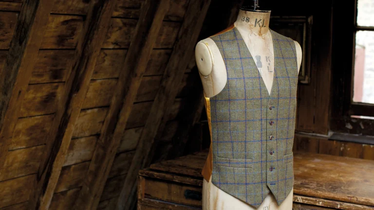 Tweed, blue check waistcoat on a tailors mannequin