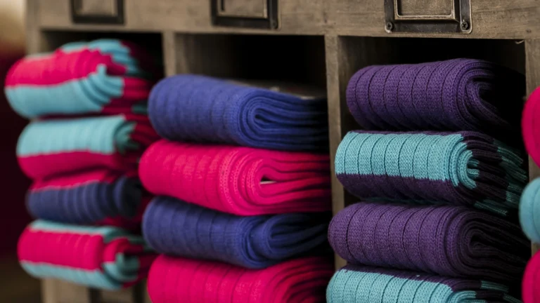 Tome Fox Bespoke Tailoring blue, pink and purple socks folded and displayed in a cabinet.