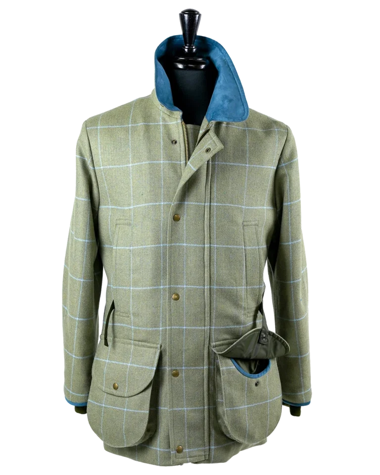 Tweed/check shooting jacket with a blue collar