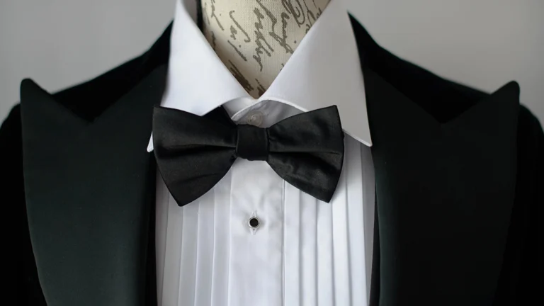 Bespoke white dress shirt with a black tuxedo on a mannequin from Tom Fox Bespoke Tailoring.