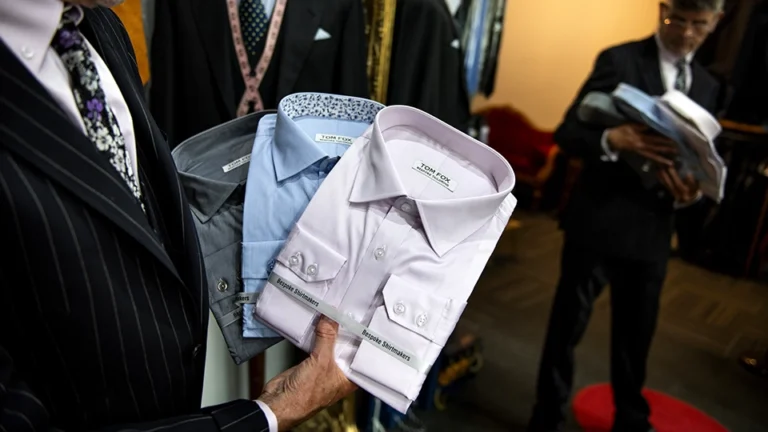 Three different coloured bespoke shirts from Tom Fox Bespoke Tailoring (grey blue and lilac