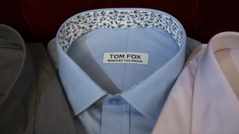 Blue shirt with a floral inside collar. Bespoke shirt made by Tom Fox Bespoke Tailoring