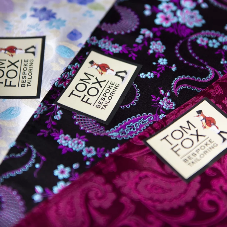 Selection of different coloured fabrics linings to go inside a Tom Fox Bespoke Tailoring Suit